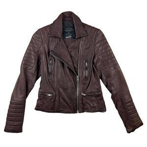 AllSaints Oxblood Leather Biker Jacket Red Brown Size US 2